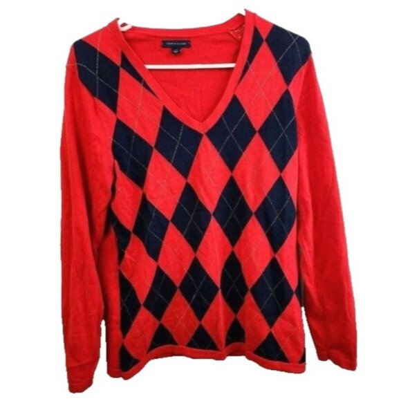 Tommy Hilfiger Womens Sweater Large Red Navy Argyle  V-Neck Pullover Preppy Twee - Picture 1 of 8